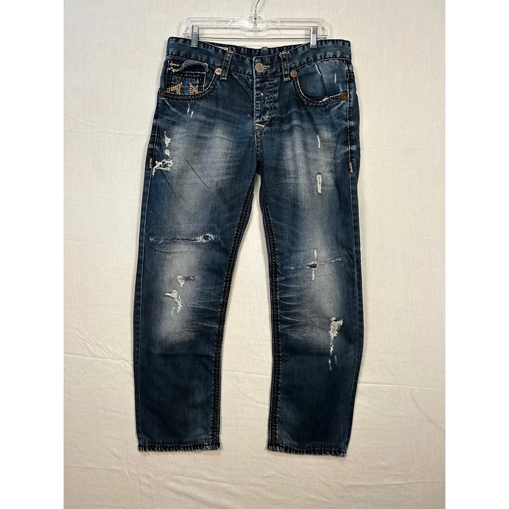 True Religion Straight Leg Distressed Dark Wash Jeans Mens 34 Made in USA 3025